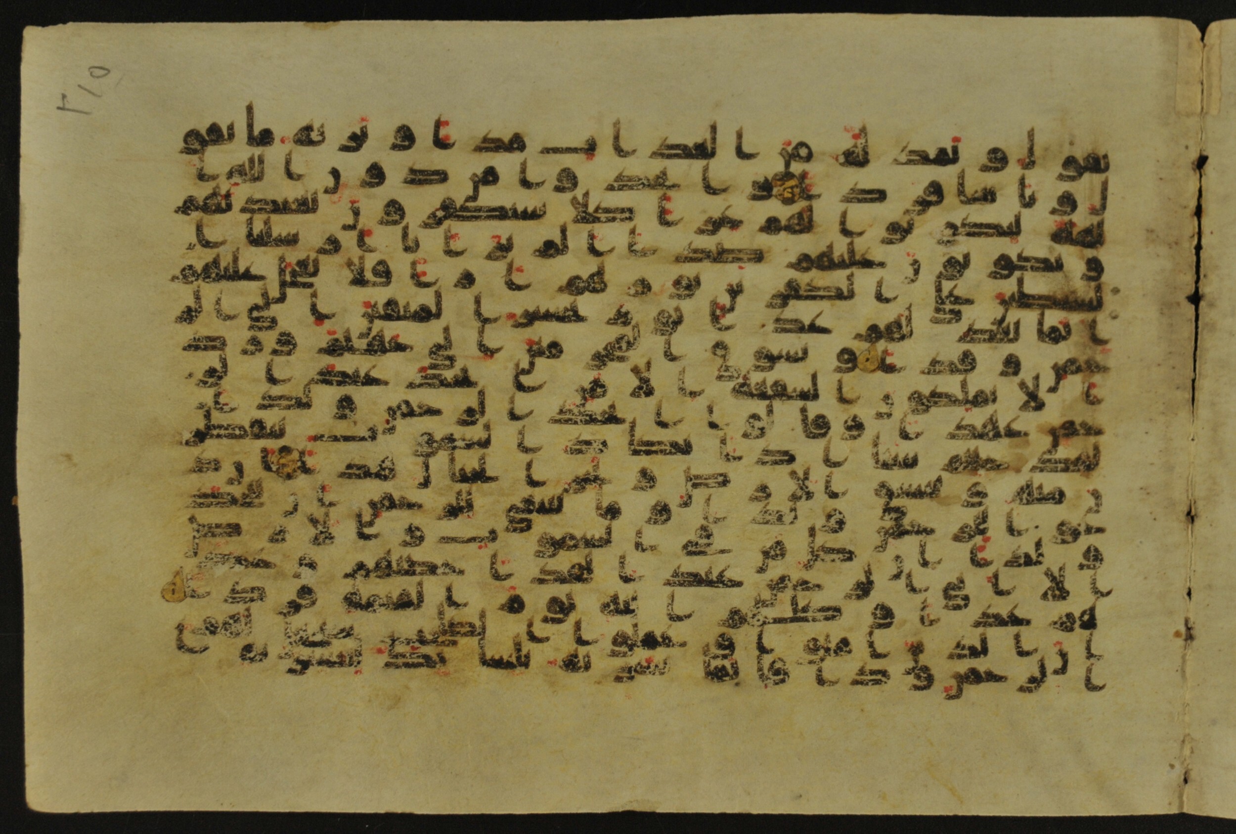 Muṣḥaf of Najaf Ashraf (Codex 1 of Imām ʿAlī Library) (Scan 1), in kūfī B.II, D.IV, and post-classical kūfī script, showing Surah 19:97 from Mid 7th to Mid 9th Century AD found in Unknown, currently housed at Imām ʿAlī Library (المكتبة الروضة الحيدرية), Najaf, Iraq