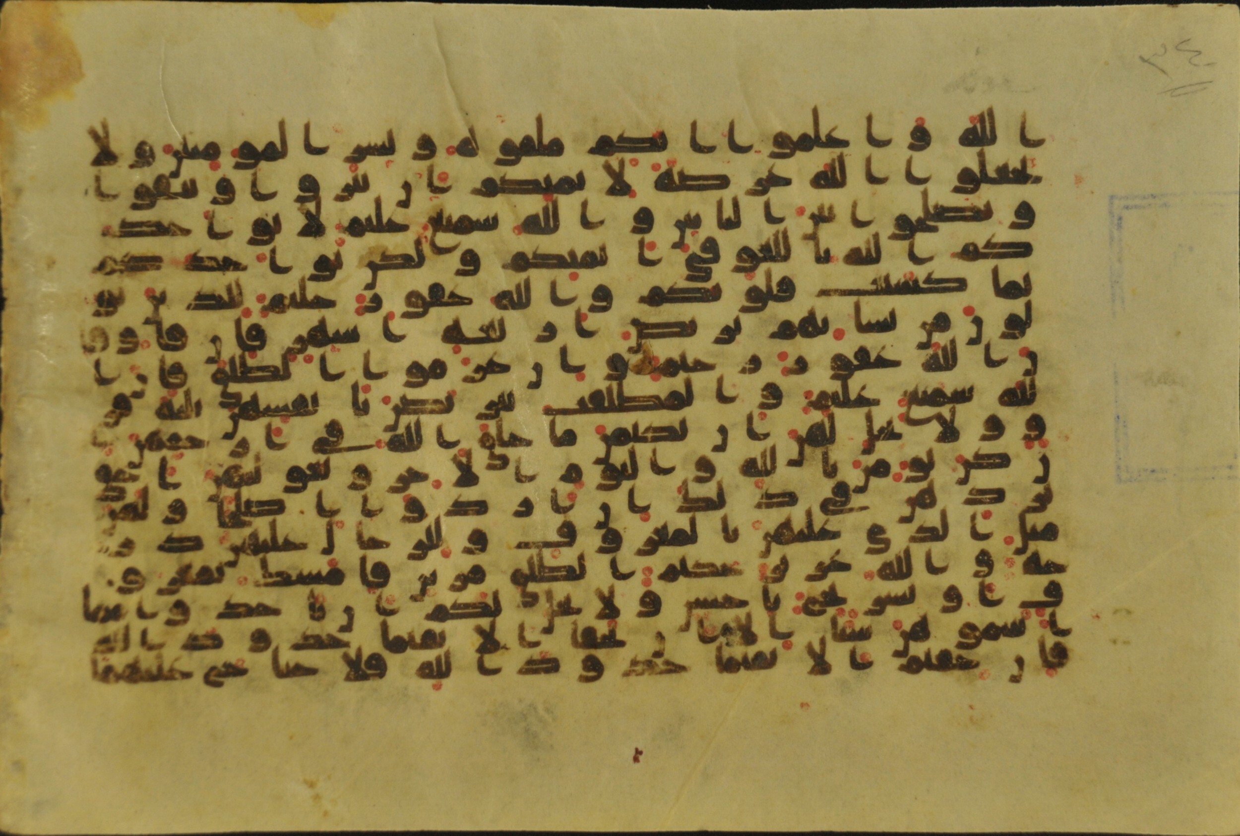 Muṣḥaf of Najaf Ashraf (Codex 1 of Imām ʿAlī Library) (Scan 1), in kūfī B.II, D.IV, and post-classical kūfī script, showing Surah 2:229 from Mid 7th to Mid 9th Century AD found in Unknown, currently housed at Imām ʿAlī Library (المكتبة الروضة الحيدرية), Najaf, Iraq