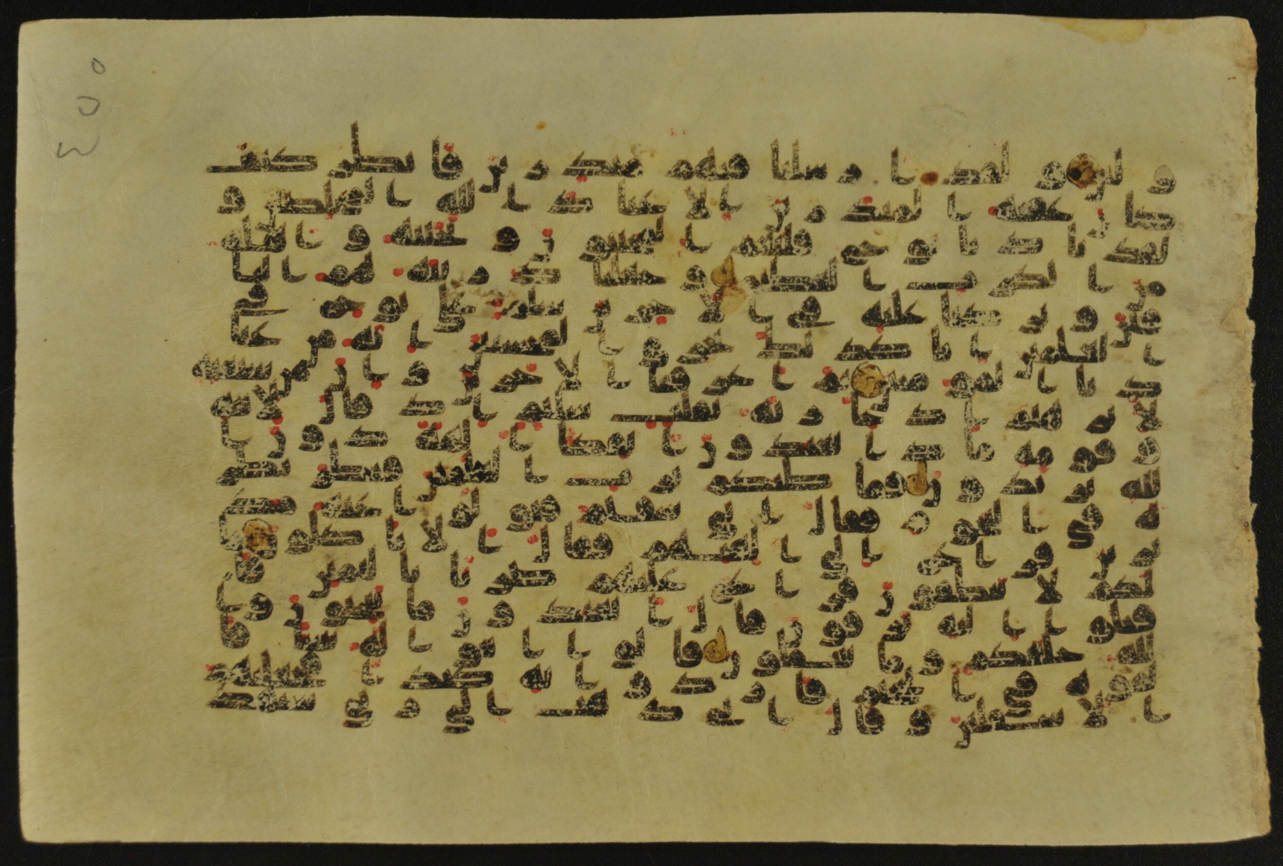 Muṣḥaf of Najaf Ashraf (Codex 1 of Imām ʿAlī Library) (Scan 2), in kūfī B.II, D.IV, and post-classical kūfī script, showing Surah 37:71 from Mid 7th to Mid 9th Century AD found in Unknown, currently housed at Imām ʿAlī Library (المكتبة الروضة الحيدرية), Najaf, Iraq