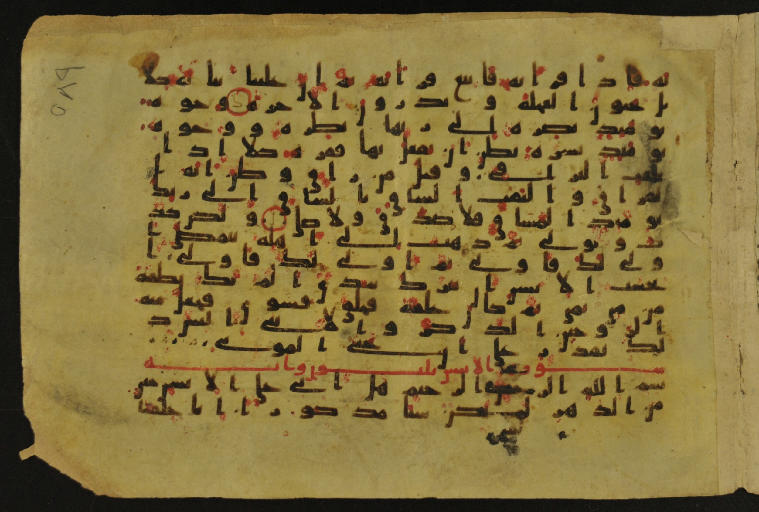 Muṣḥaf of Najaf Ashraf (Codex 1 of Imām ʿAlī Library) (Scan 2), in kūfī B.II, D.IV, and post-classical kūfī script, showing Surah 75:21 from Mid 7th to Mid 9th Century AD found in Unknown, currently housed at Imām ʿAlī Library (المكتبة الروضة الحيدرية), Najaf, Iraq