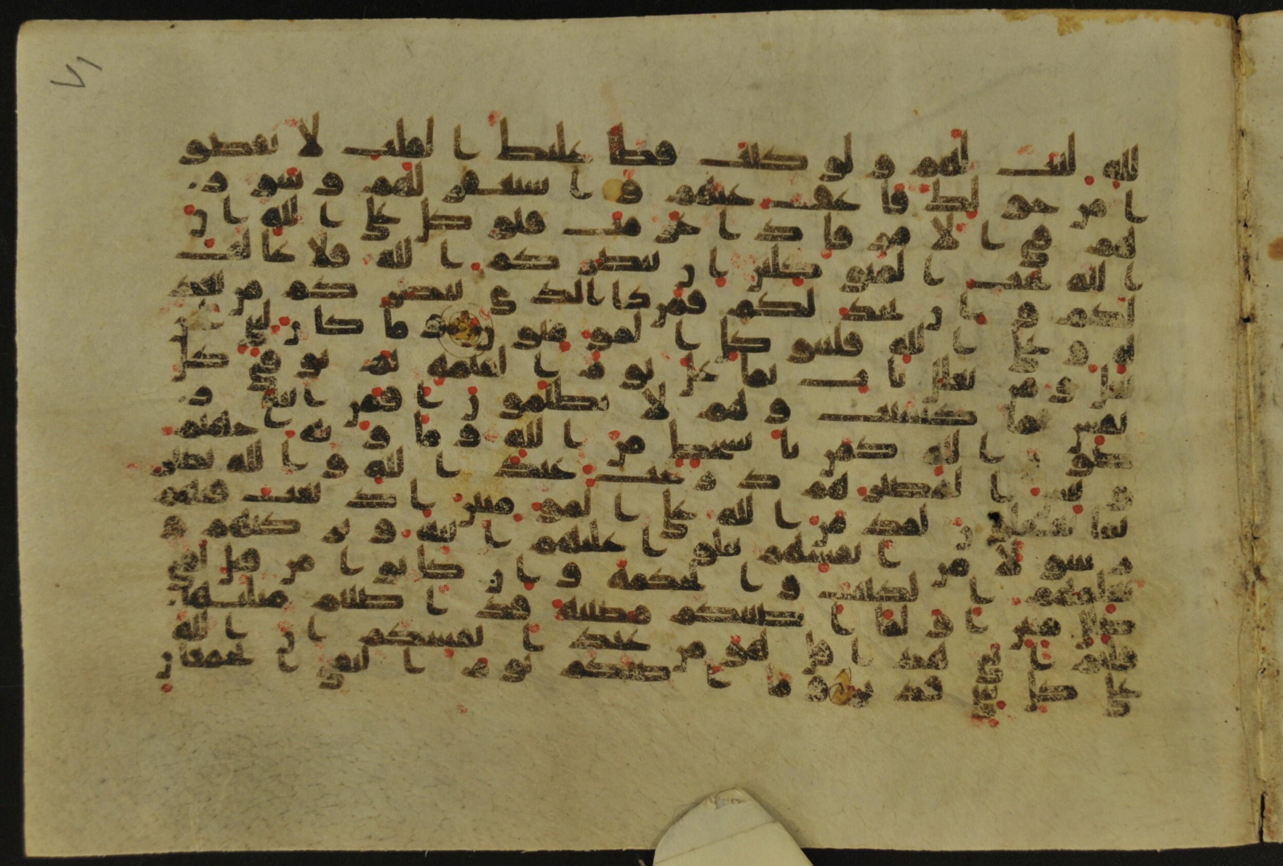 Muṣḥaf of Najaf Ashraf (Codex 1 of Imām ʿAlī Library) (Scan 1), in kūfī B.II, D.IV, and post-classical kūfī script, showing Surah 3:166 from Mid 7th to Mid 9th Century AD found in Unknown, currently housed at Imām ʿAlī Library (المكتبة الروضة الحيدرية), Najaf, Iraq