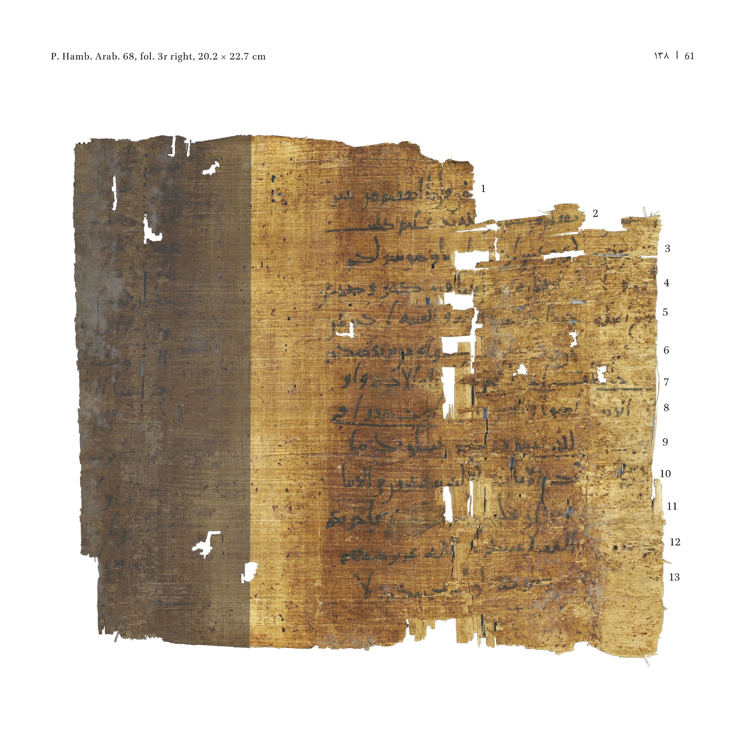 P. Hamb. Arab. 68 (Scan 1), in ḥiǧāzī IV script, showing Surah 2:217 from Mid 7th to Mid 8th Century AD found in Egypt, currently housed at Staats- und Universitätsbibliothek Hamburg, Hamburg, Germany