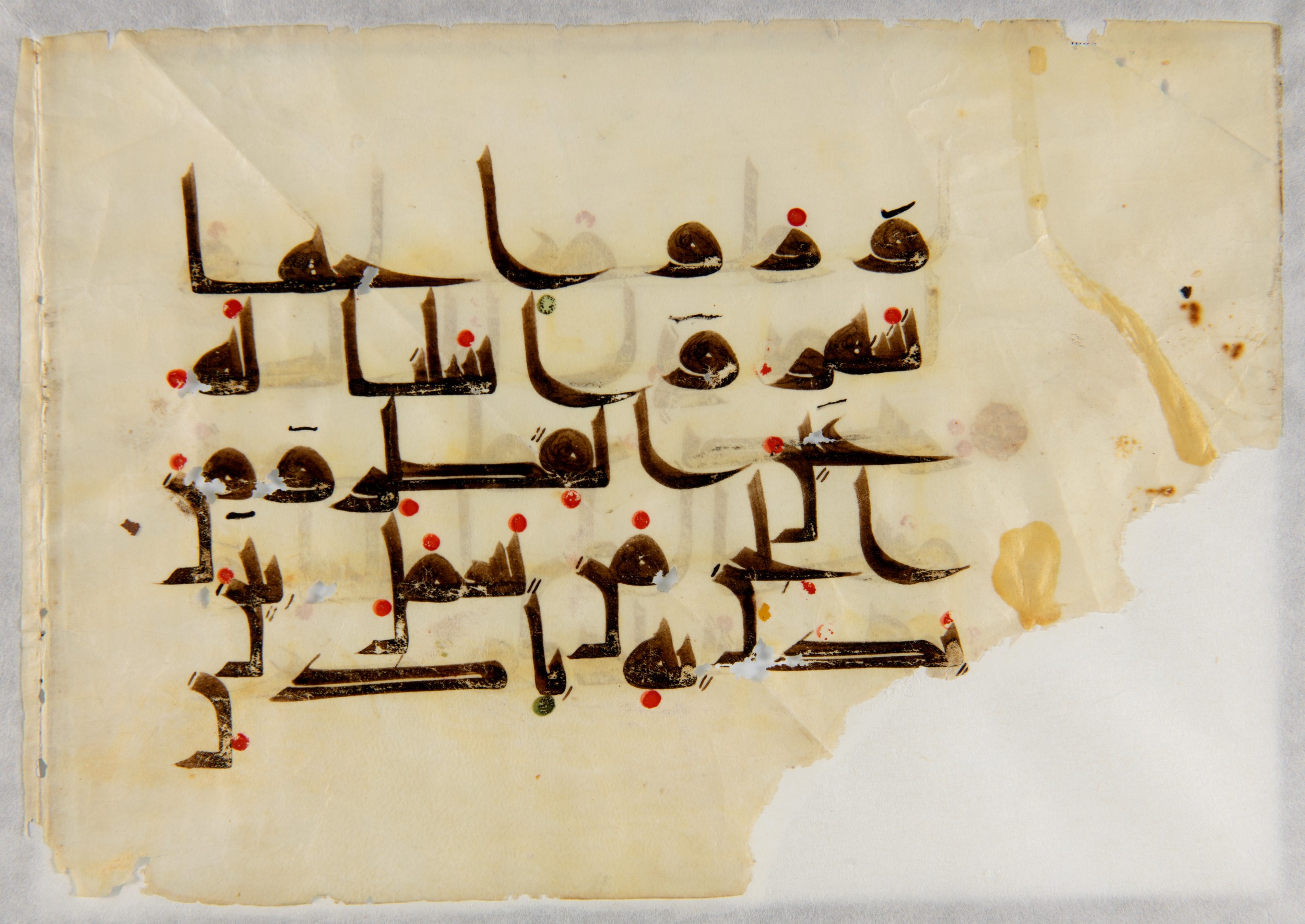 Wereldmuseum WM-ONG-164 (Scan 2), in Kūfī D script, showing Surah 34:12 from Mid 8th to Late 9th Century AD found in Unknown, currently housed at Wereldmuseum, Leiden, Rotterdam, Amsterdam