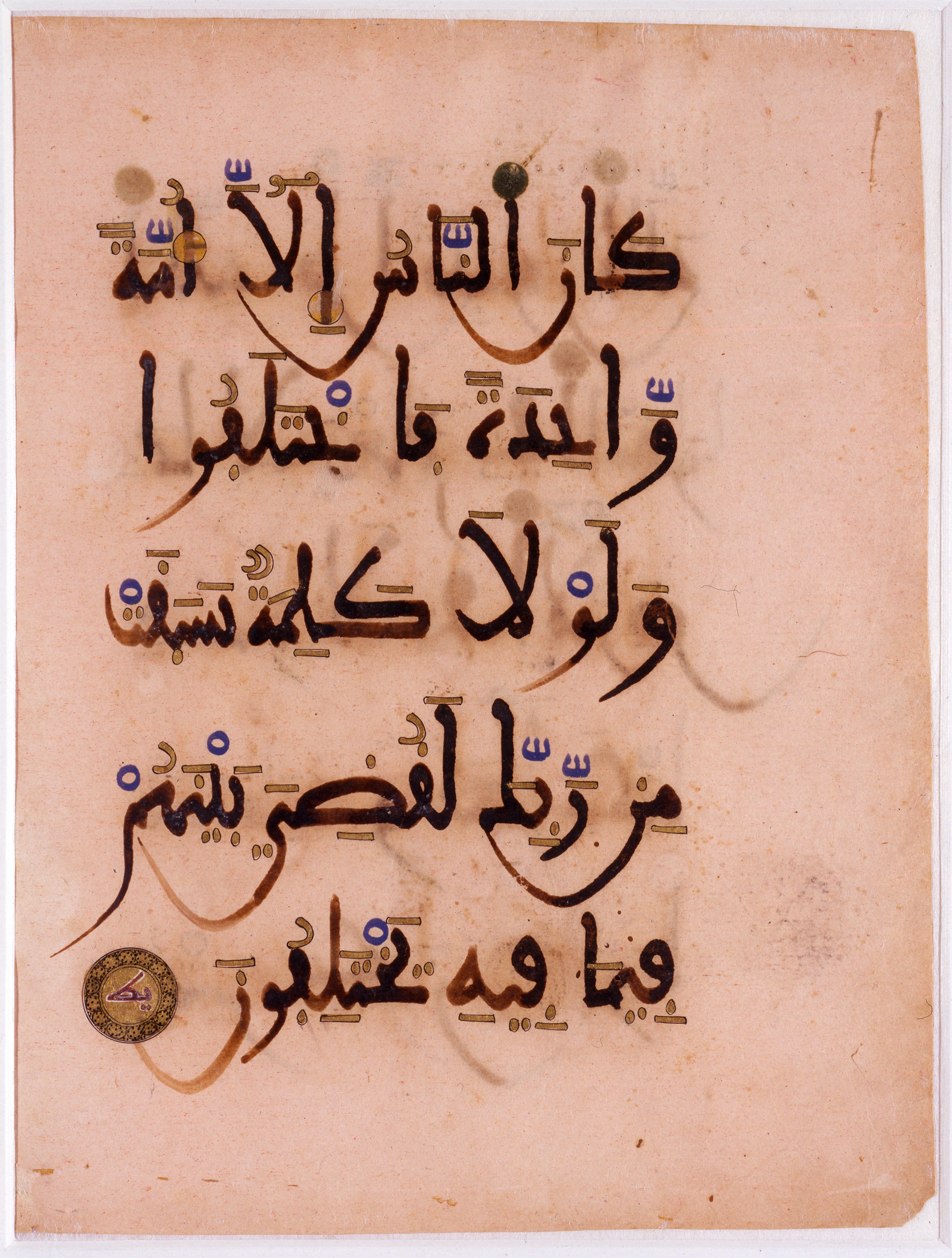 The Pink Koran (Scan 2), in Maghribī script, showing Surah 10:19 from 14th Century AD (possibly 13th Century) found in Spain or Morocco, currently housed at Davids Samling (The David Collection), Copenhagen